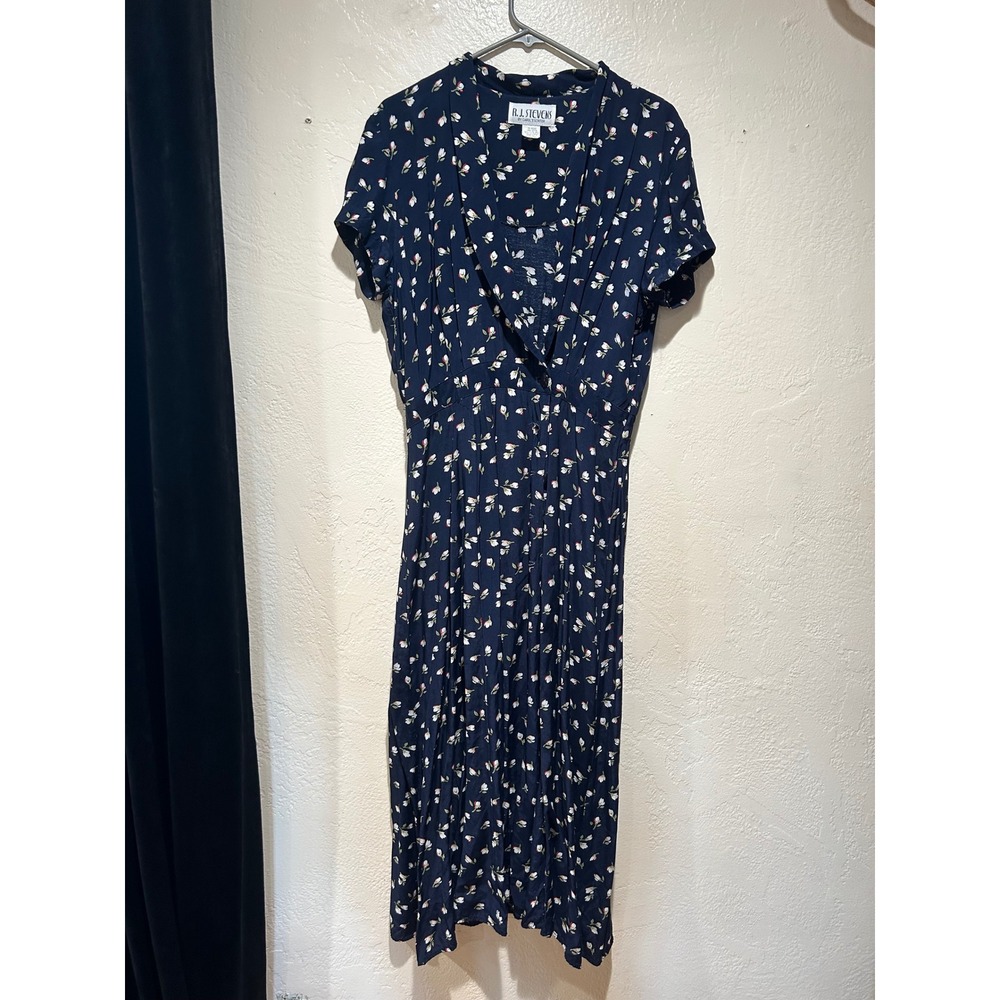 RJ Stevens Carol Escritor Vintage 90s Navy Floral‎ Rayon Midi Dress Womens 14